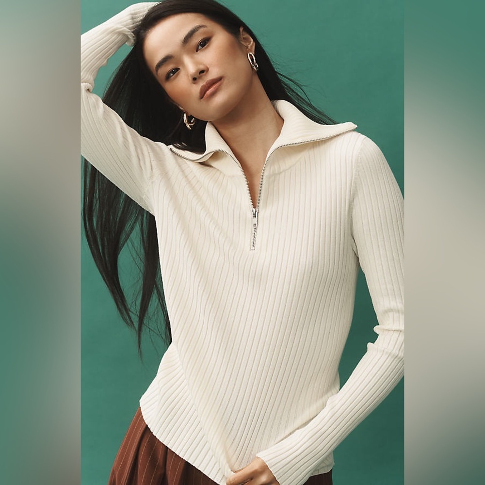 Maeve Ivory Ribbed Cardigan Fitted Half-Zip Sweater top